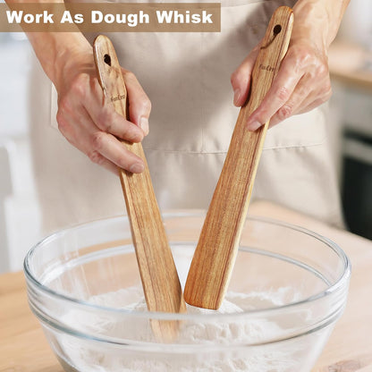2 Pack Wooden Spurtle for Sourdough Starter, Mixing, Reaching Bottom of Jar, Dough Whisk, Long Handle Jar Spatula, Spurtles Kitchen Tools Teak Wood Kitchen Utensils kit for Baking, Cooking
