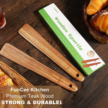 2 Pack Wooden Spurtle for Sourdough Starter, Mixing, Reaching Bottom of Jar, Dough Whisk, Long Handle Jar Spatula, Spurtles Kitchen Tools Teak Wood Kitchen Utensils kit for Baking, Cooking