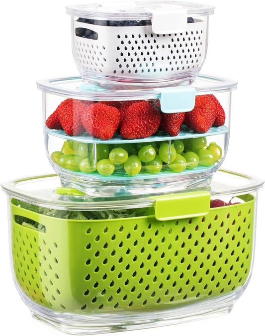Fresh Produce Vegetable Fruit Storage Containers 3Piece Set, BPA-free Fridge Storage Container, Partitioned Salad Container, Fridge Organizers, Used in Storing Fruits Vegetables, Green