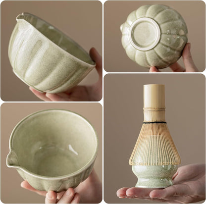 8 Pcs Matcha Whisk Set - Matcha Set with Ceramic Bowl, Bamboo Whisk & Holder, Scoop, Sifter, Measuring Spoon, Scoop Rest & Tea Towel, Complete Gift Kit for Beginners & Tea Lovers