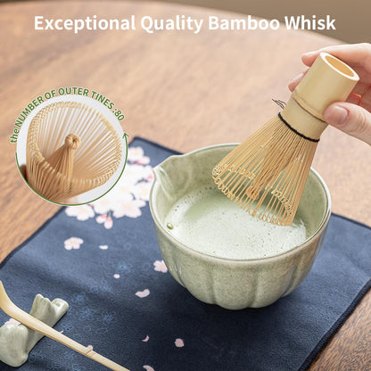 8 Pcs Matcha Whisk Set - Matcha Set with Ceramic Bowl, Bamboo Whisk & Holder, Scoop, Sifter, Measuring Spoon, Scoop Rest & Tea Towel, Complete Gift Kit for Beginners & Tea Lovers
