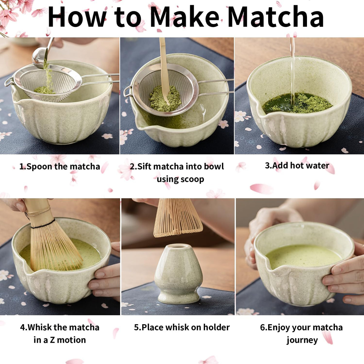 8 Pcs Matcha Whisk Set - Matcha Set with Ceramic Bowl, Bamboo Whisk & Holder, Scoop, Sifter, Measuring Spoon, Scoop Rest & Tea Towel, Complete Gift Kit for Beginners & Tea Lovers