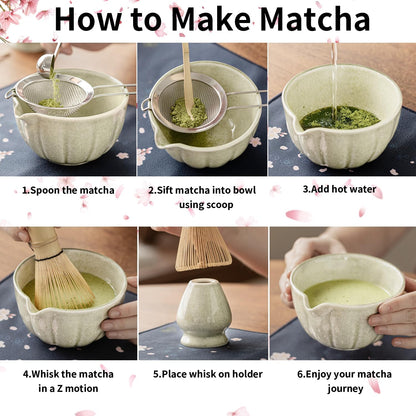 8 Pcs Matcha Whisk Set - Matcha Set with Ceramic Bowl, Bamboo Whisk & Holder, Scoop, Sifter, Measuring Spoon, Scoop Rest & Tea Towel, Complete Gift Kit for Beginners & Tea Lovers