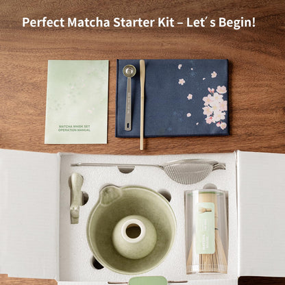 8 Pcs Matcha Whisk Set - Matcha Set with Ceramic Bowl, Bamboo Whisk & Holder, Scoop, Sifter, Measuring Spoon, Scoop Rest & Tea Towel, Complete Gift Kit for Beginners & Tea Lovers