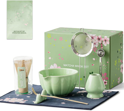 8 Pcs Matcha Whisk Set - Matcha Set with Ceramic Bowl, Bamboo Whisk & Holder, Scoop, Sifter, Measuring Spoon, Scoop Rest & Tea Towel, Complete Gift Kit for Beginners & Tea Lovers