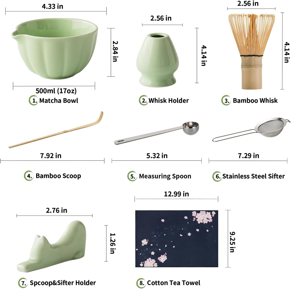 8 Pcs Matcha Whisk Set - Matcha Set with Ceramic Bowl, Bamboo Whisk & Holder, Scoop, Sifter, Measuring Spoon, Scoop Rest & Tea Towel, Complete Gift Kit for Beginners & Tea Lovers