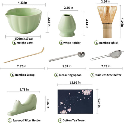 8 Pcs Matcha Whisk Set - Matcha Set with Ceramic Bowl, Bamboo Whisk & Holder, Scoop, Sifter, Measuring Spoon, Scoop Rest & Tea Towel, Complete Gift Kit for Beginners & Tea Lovers