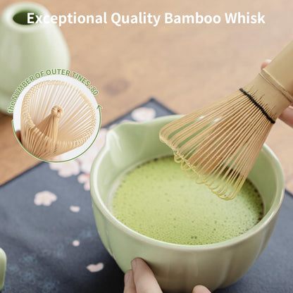8 Pcs Matcha Whisk Set - Matcha Set with Ceramic Bowl, Bamboo Whisk & Holder, Scoop, Sifter, Measuring Spoon, Scoop Rest & Tea Towel, Complete Gift Kit for Beginners & Tea Lovers