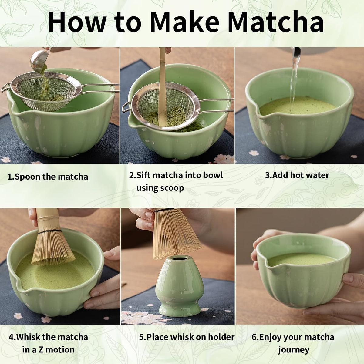 8 Pcs Matcha Whisk Set - Matcha Set with Ceramic Bowl, Bamboo Whisk & Holder, Scoop, Sifter, Measuring Spoon, Scoop Rest & Tea Towel, Complete Gift Kit for Beginners & Tea Lovers