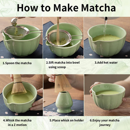 8 Pcs Matcha Whisk Set - Matcha Set with Ceramic Bowl, Bamboo Whisk & Holder, Scoop, Sifter, Measuring Spoon, Scoop Rest & Tea Towel, Complete Gift Kit for Beginners & Tea Lovers