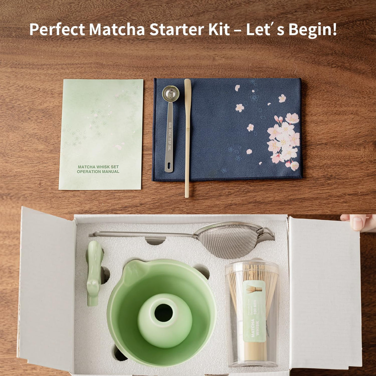 8 Pcs Matcha Whisk Set - Matcha Set with Ceramic Bowl, Bamboo Whisk & Holder, Scoop, Sifter, Measuring Spoon, Scoop Rest & Tea Towel, Complete Gift Kit for Beginners & Tea Lovers