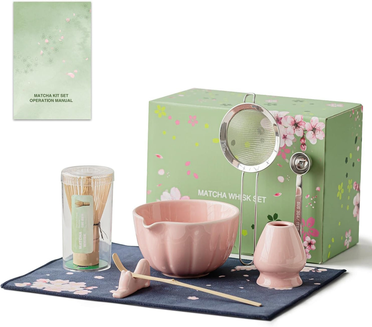 8 Pcs Matcha Whisk Set - Matcha Set with Ceramic Bowl, Bamboo Whisk & Holder, Scoop, Sifter, Measuring Spoon, Scoop Rest & Tea Towel, Complete Gift Kit for Beginners & Tea Lovers