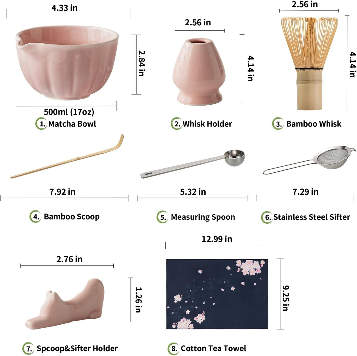 8 Pcs Matcha Whisk Set - Matcha Set with Ceramic Bowl, Bamboo Whisk & Holder, Scoop, Sifter, Measuring Spoon, Scoop Rest & Tea Towel, Complete Gift Kit for Beginners & Tea Lovers