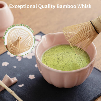 8 Pcs Matcha Whisk Set - Matcha Set with Ceramic Bowl, Bamboo Whisk & Holder, Scoop, Sifter, Measuring Spoon, Scoop Rest & Tea Towel, Complete Gift Kit for Beginners & Tea Lovers