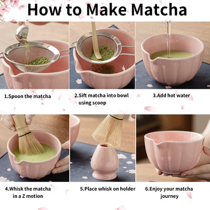 8 Pcs Matcha Whisk Set - Matcha Set with Ceramic Bowl, Bamboo Whisk & Holder, Scoop, Sifter, Measuring Spoon, Scoop Rest & Tea Towel, Complete Gift Kit for Beginners & Tea Lovers