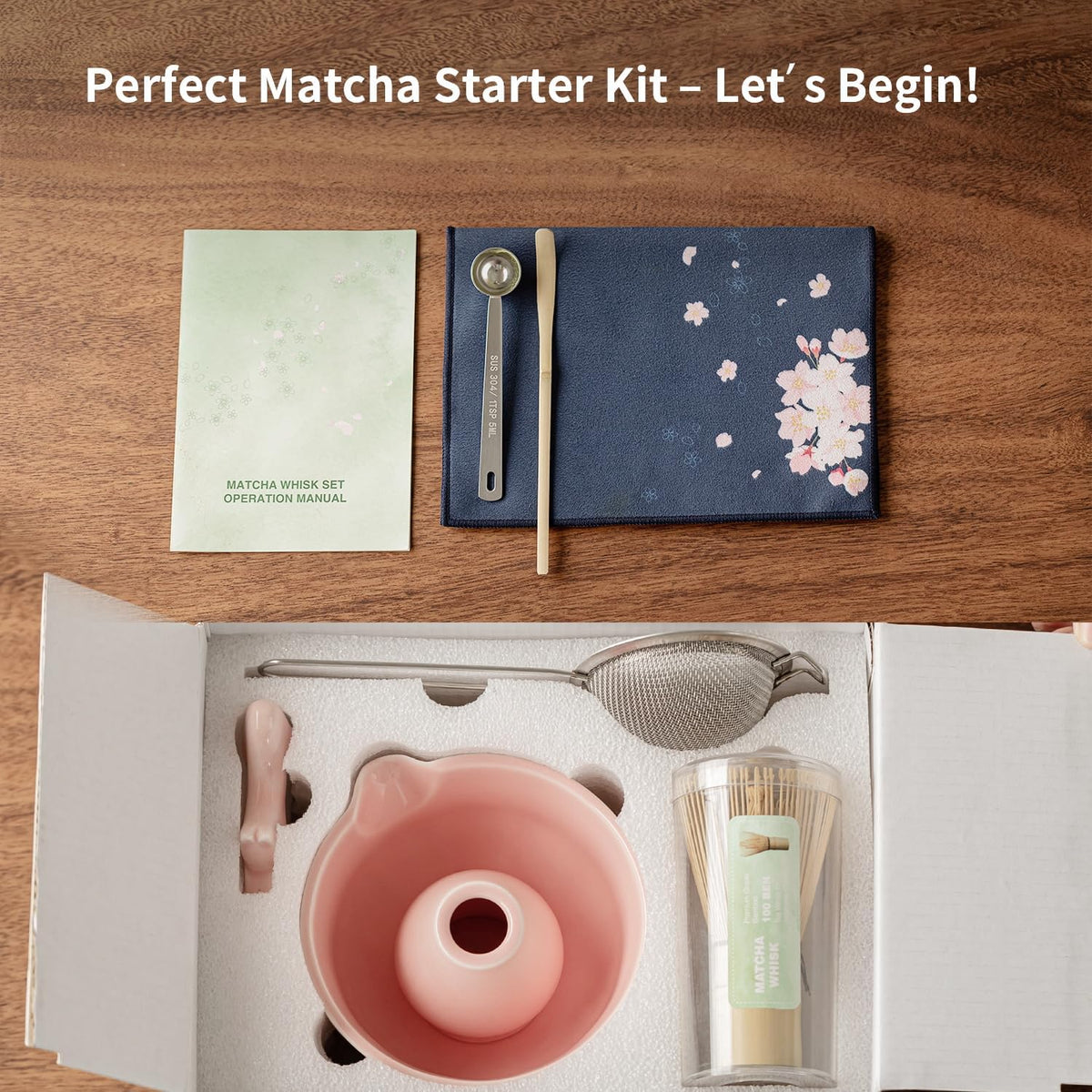 8 Pcs Matcha Whisk Set - Matcha Set with Ceramic Bowl, Bamboo Whisk & Holder, Scoop, Sifter, Measuring Spoon, Scoop Rest & Tea Towel, Complete Gift Kit for Beginners & Tea Lovers