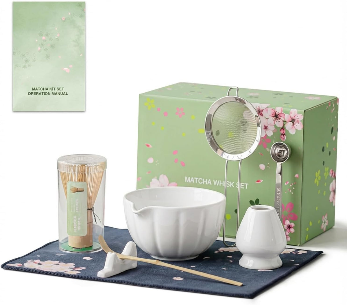8 Pcs Matcha Whisk Set - Matcha Set with Ceramic Bowl, Bamboo Whisk & Holder, Scoop, Sifter, Measuring Spoon, Scoop Rest & Tea Towel, Complete Gift Kit for Beginners & Tea Lovers