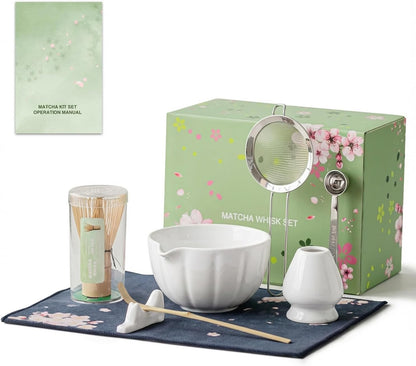 8 Pcs Matcha Whisk Set - Matcha Set with Ceramic Bowl, Bamboo Whisk & Holder, Scoop, Sifter, Measuring Spoon, Scoop Rest & Tea Towel, Complete Gift Kit for Beginners & Tea Lovers