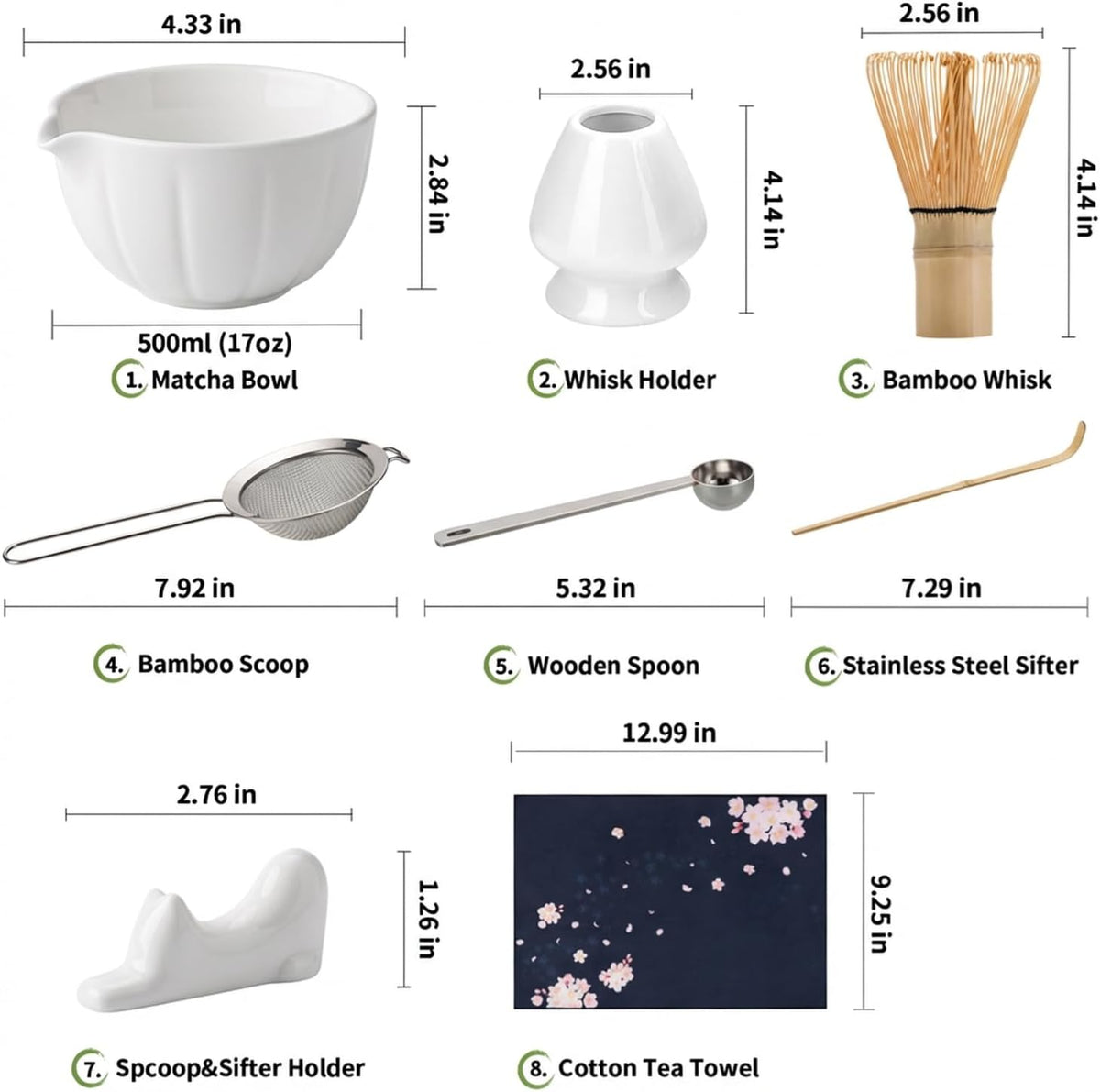 8 Pcs Matcha Whisk Set - Matcha Set with Ceramic Bowl, Bamboo Whisk & Holder, Scoop, Sifter, Measuring Spoon, Scoop Rest & Tea Towel, Complete Gift Kit for Beginners & Tea Lovers