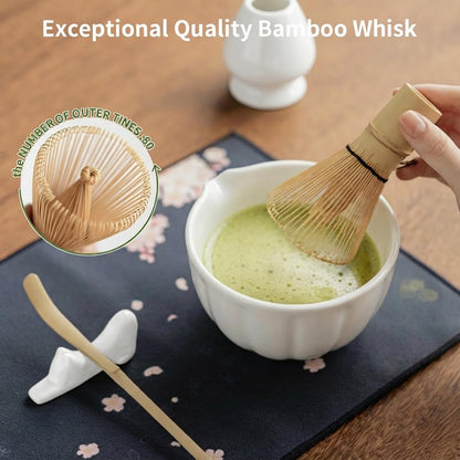 8 Pcs Matcha Whisk Set - Matcha Set with Ceramic Bowl, Bamboo Whisk & Holder, Scoop, Sifter, Measuring Spoon, Scoop Rest & Tea Towel, Complete Gift Kit for Beginners & Tea Lovers