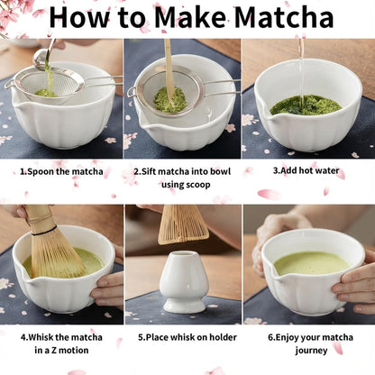 8 Pcs Matcha Whisk Set - Matcha Set with Ceramic Bowl, Bamboo Whisk & Holder, Scoop, Sifter, Measuring Spoon, Scoop Rest & Tea Towel, Complete Gift Kit for Beginners & Tea Lovers