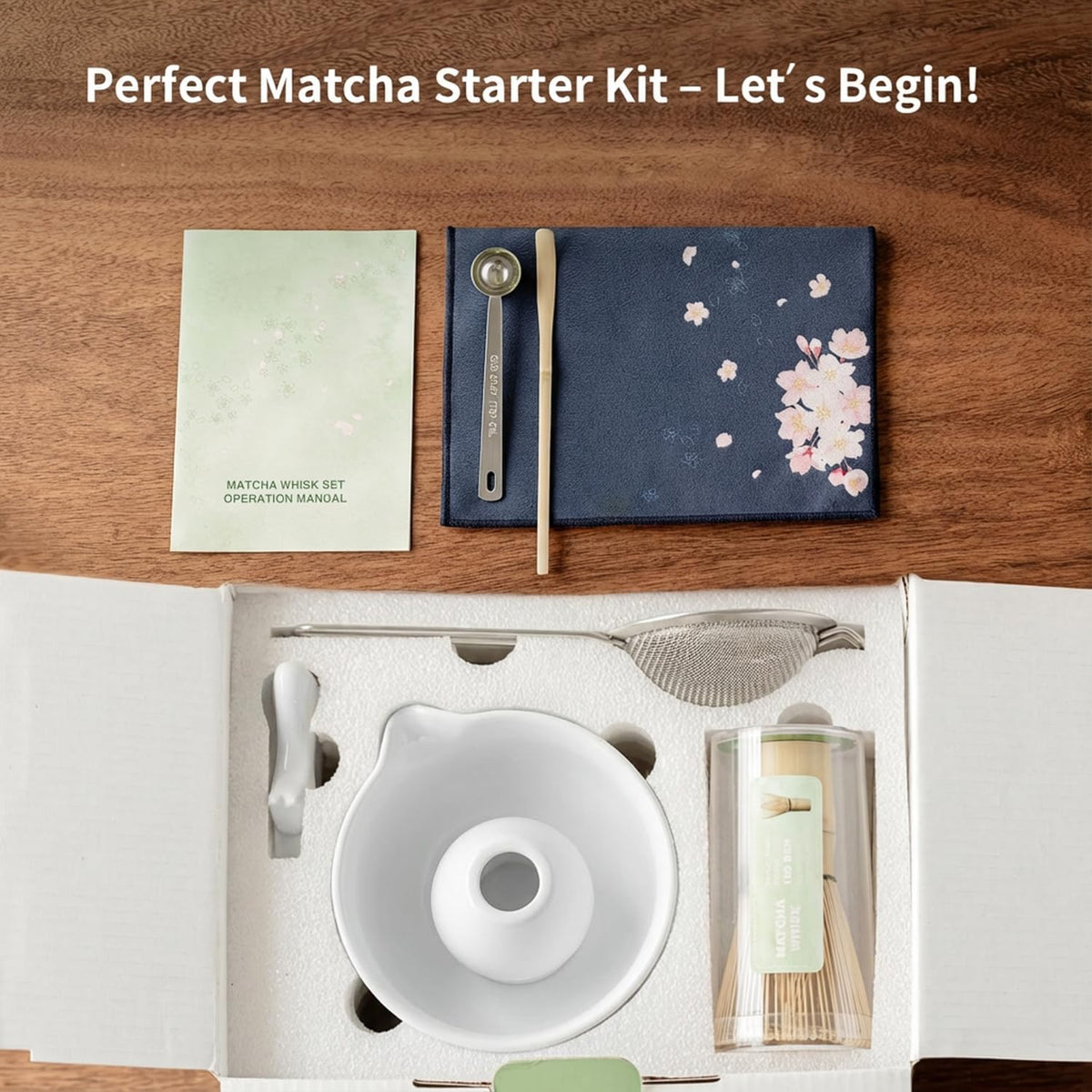 8 Pcs Matcha Whisk Set - Matcha Set with Ceramic Bowl, Bamboo Whisk & Holder, Scoop, Sifter, Measuring Spoon, Scoop Rest & Tea Towel, Complete Gift Kit for Beginners & Tea Lovers
