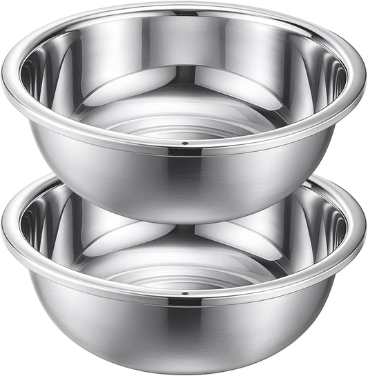 2 Pack 12 Quart 304 Stainless Steel Mixing Bowl Flat Bottom Large Steel Big Prep Mixing Bowl for Salad Kitchen Dish Washing Pan Cooking Baking Meal Home Produce Eater with Hole, 15.7 Inch