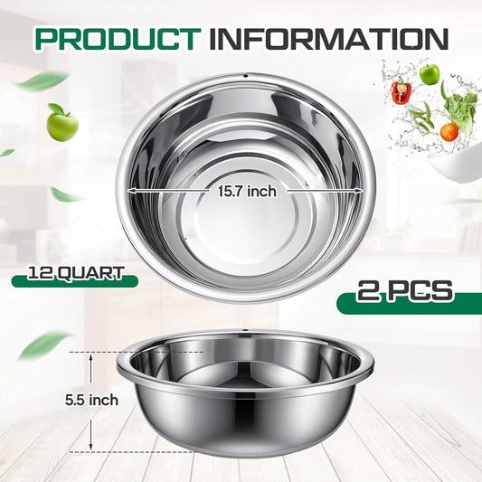 2 Pack 12 Quart 304 Stainless Steel Mixing Bowl Flat Bottom Large Steel Big Prep Mixing Bowl for Salad Kitchen Dish Washing Pan Cooking Baking Meal Home Produce Eater with Hole, 15.7 Inch