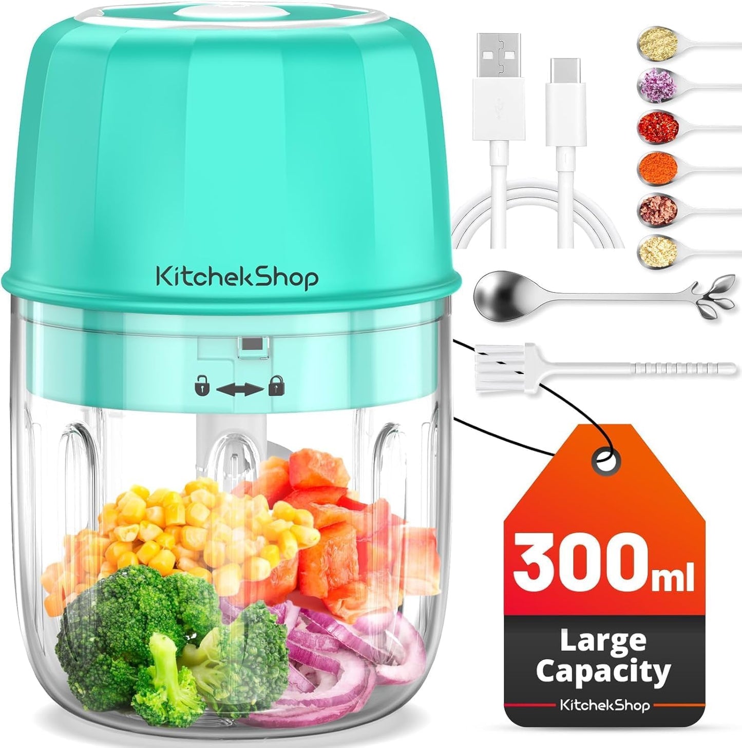 Electric Garlic Chopper, 300ML Portable Cordless Mini Food Processor, Rechargeable Vegetable Chopper Blender for Nuts Chili Onion Minced Meat and Spices (Green)