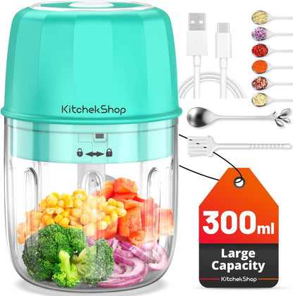 Electric Garlic Chopper, 300ML Portable Cordless Mini Food Processor, Rechargeable Vegetable Chopper Blender for Nuts Chili Onion Minced Meat and Spices (Green)