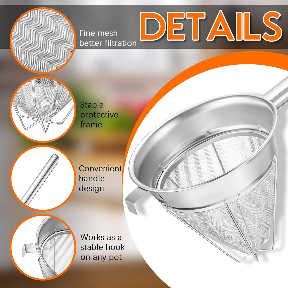 8"Chinois Fine Mesh Strainer Set with Handle and Rubber Pestle