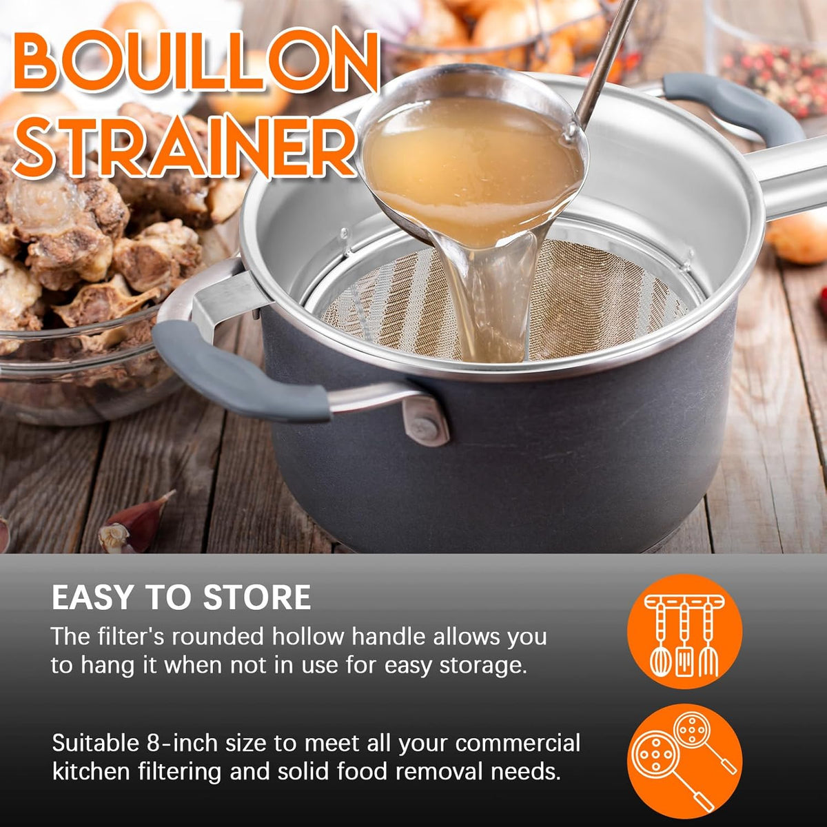 8"Chinois Fine Mesh Strainer Set with Handle and Rubber Pestle