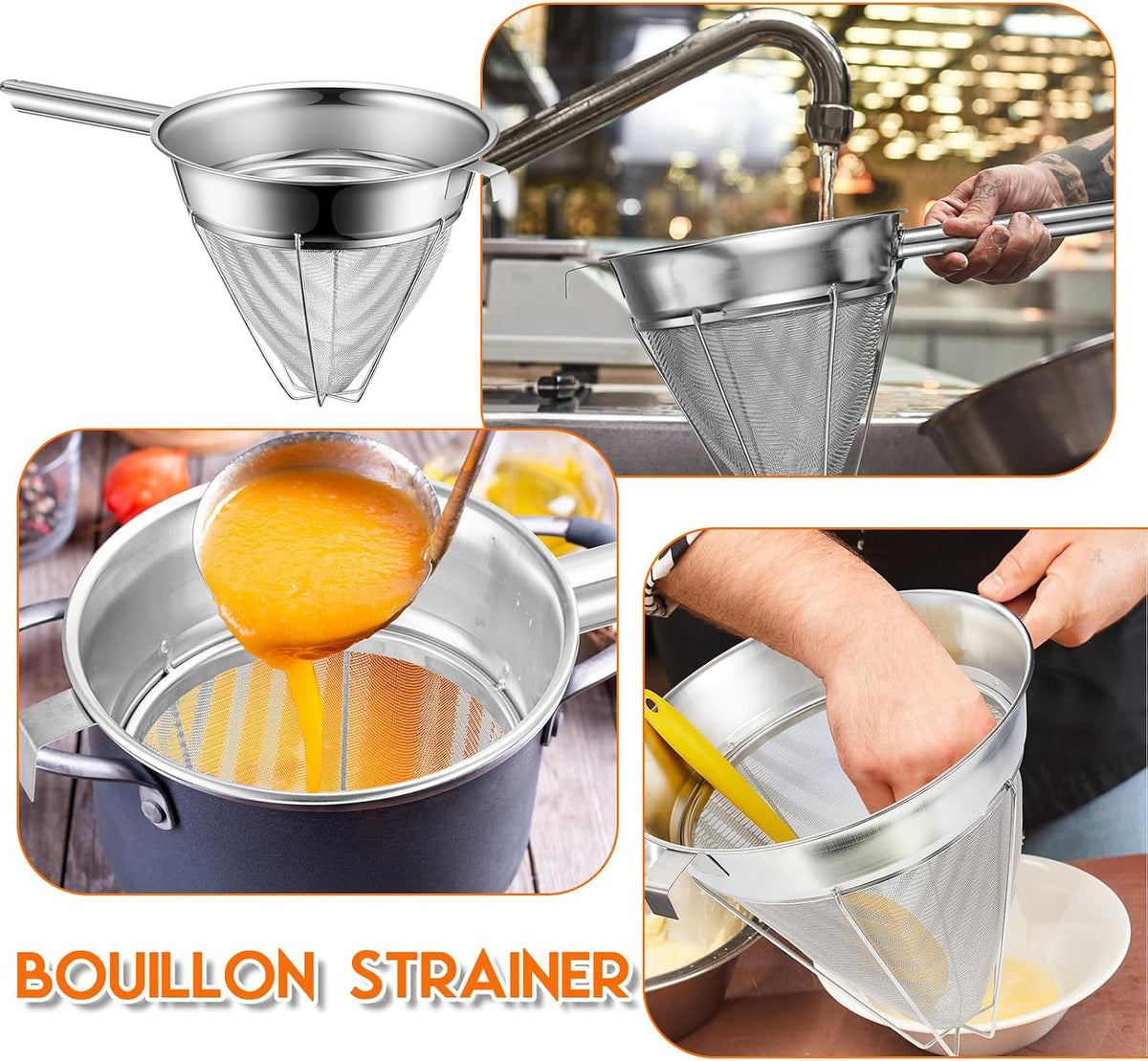 8"Chinois Fine Mesh Strainer Set with Handle and Rubber Pestle