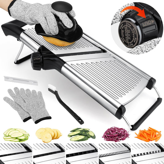 Mandoline Slicer for Kitchen, Adjustable Mandoline Food Slicer | Stainless Steel Vegetable Slicer, Adjustable Blade, Slices, Julienne, Waffle and French Fries Cut, Includes Gloves and Brush