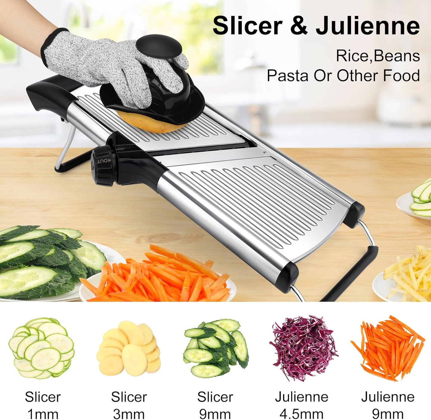 Mandoline Slicer for Kitchen, Adjustable Mandoline Food Slicer | Stainless Steel Vegetable Slicer, Adjustable Blade, Slices, Julienne, Waffle and French Fries Cut, Includes Gloves and Brush