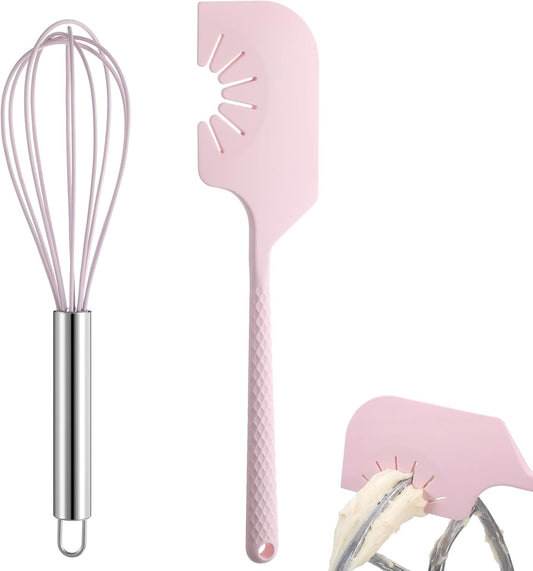2 Pack Silicone Kitchen Utensils - 12'' Silicone Spatula Scraper & Whisk, Compatible with Flat Beaters, Hand Mixer Beaters, Whisks, Dough Hooks for Baking, Mixing, Scraping(Pink)