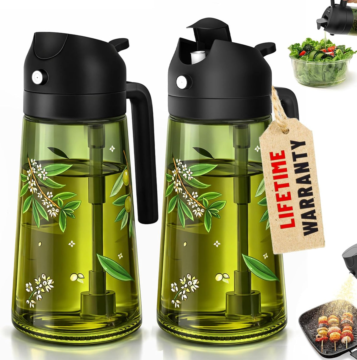 Oil Sprayer for Cooking, 2 in 1 Olive Oil Dispenser Bottle Set for Kitchen, Food-Grade Glass Green Oil Vinegar Bottle Container - 16OZ/470ML Set of 2 (Black)
