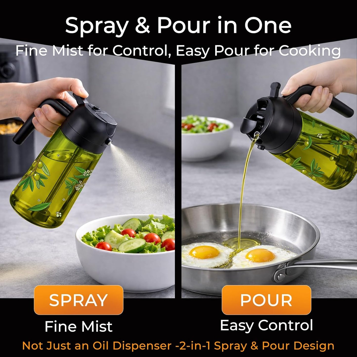Oil Sprayer for Cooking, 2 in 1 Olive Oil Dispenser Bottle Set for Kitchen, Food-Grade Glass Green Oil Vinegar Bottle Container - 16OZ/470ML Set of 2 (Black)