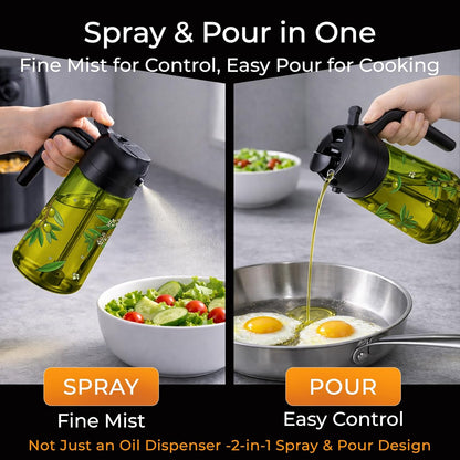 Oil Sprayer for Cooking, 2 in 1 Olive Oil Dispenser Bottle Set for Kitchen, Food-Grade Glass Green Oil Vinegar Bottle Container - 16OZ/470ML Set of 2 (Black)
