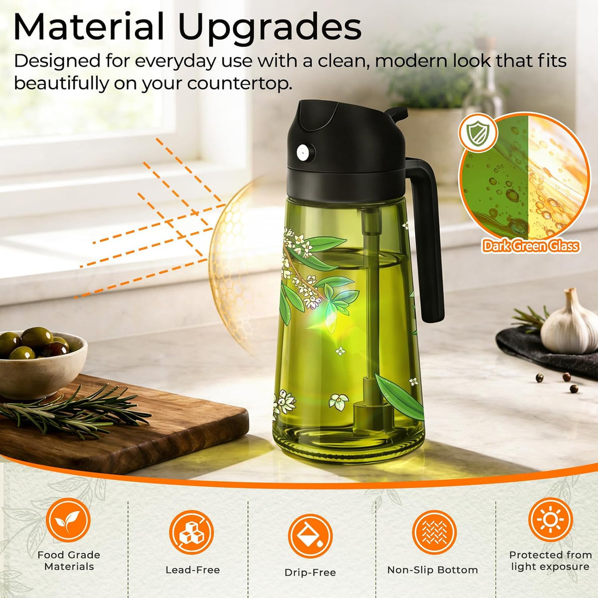 Oil Sprayer for Cooking, 2 in 1 Olive Oil Dispenser Bottle Set for Kitchen, Food-Grade Glass Green Oil Vinegar Bottle Container - 16OZ/470ML Set of 2 (Black)