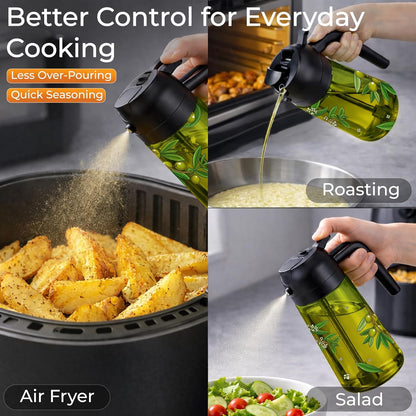 Oil Sprayer for Cooking, 2 in 1 Olive Oil Dispenser Bottle Set for Kitchen, Food-Grade Glass Green Oil Vinegar Bottle Container - 16OZ/470ML Set of 2 (Black)