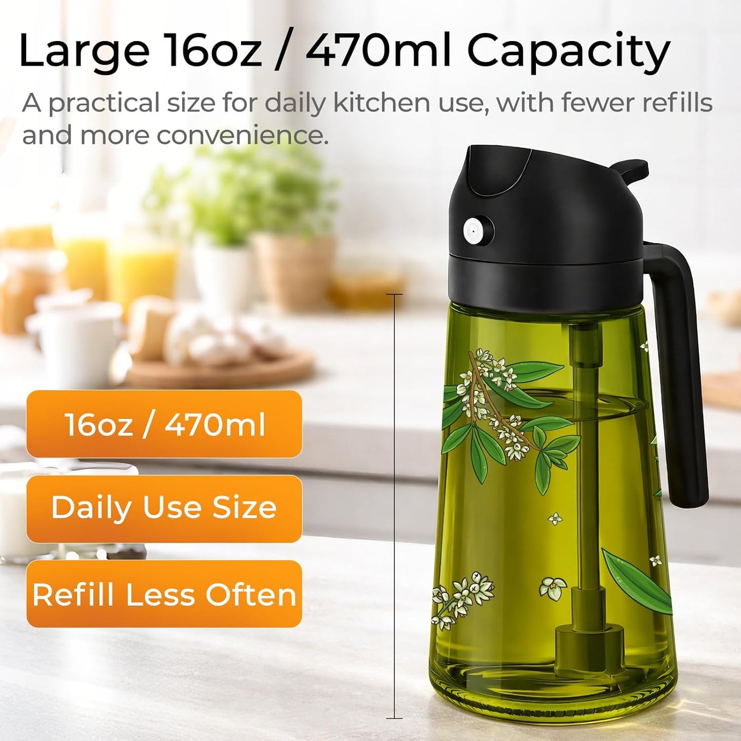 Oil Sprayer for Cooking, 2 in 1 Olive Oil Dispenser Bottle Set for Kitchen, Food-Grade Glass Green Oil Vinegar Bottle Container - 16OZ/470ML Set of 2 (Black)