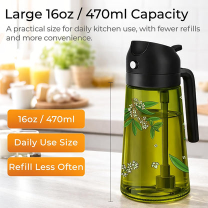 Oil Sprayer for Cooking, 2 in 1 Olive Oil Dispenser Bottle Set for Kitchen, Food-Grade Glass Green Oil Vinegar Bottle Container - 16OZ/470ML Set of 2 (Black)