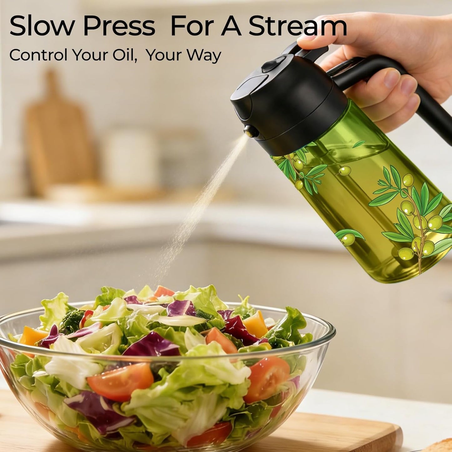 Oil Sprayer for Cooking, 2 in 1 Olive Oil Dispenser Bottle Set for Kitchen, Food-Grade Glass Green Oil Vinegar Bottle Container - 16OZ/470ML Set of 2 (Black)