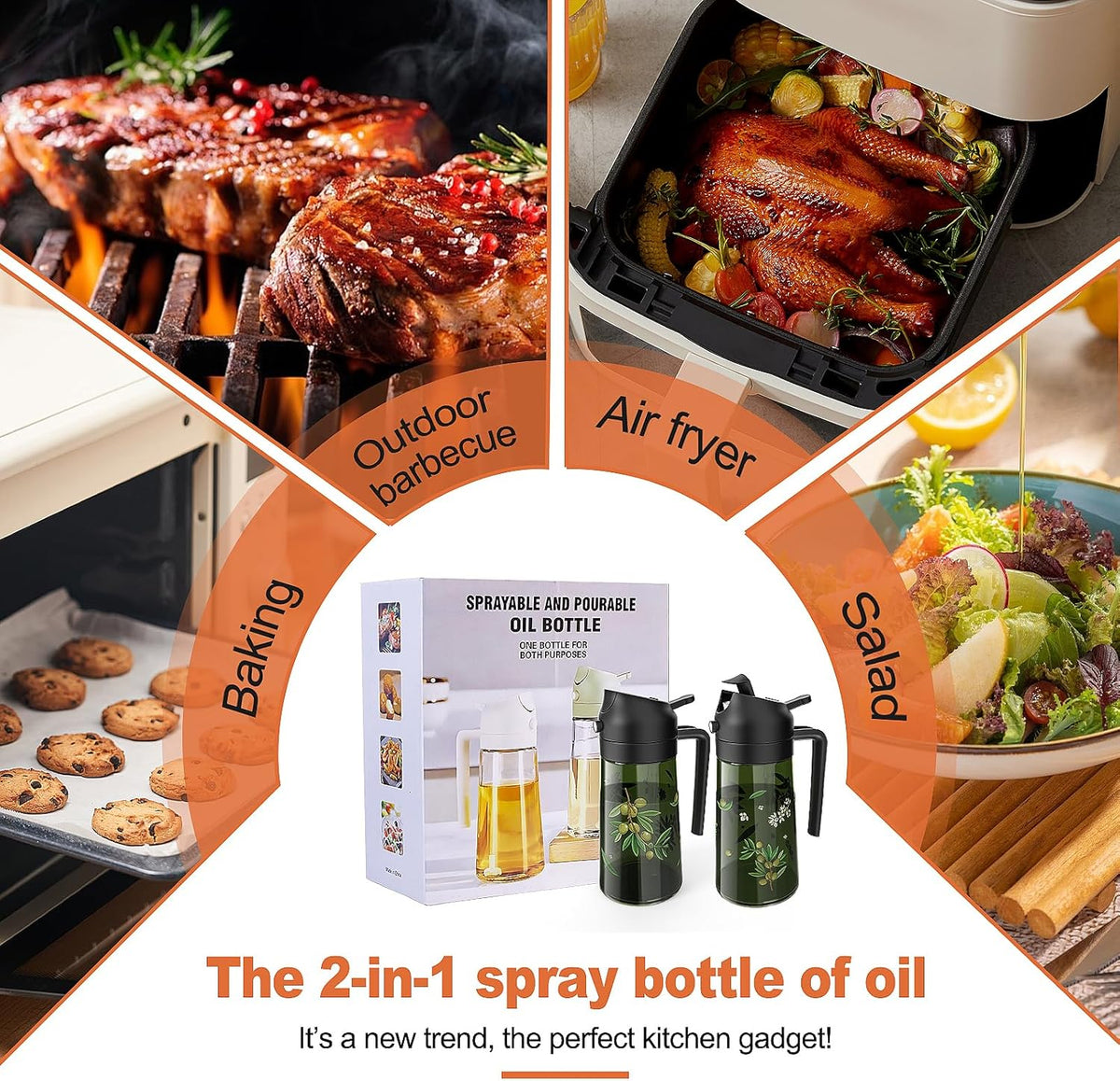 Oil Sprayer for Cooking, 2 in 1 Olive Oil Dispenser Bottle Set for Kitchen, Food-Grade Glass Green Oil Vinegar Bottle Container - 16OZ/470ML Set of 2 (Black)