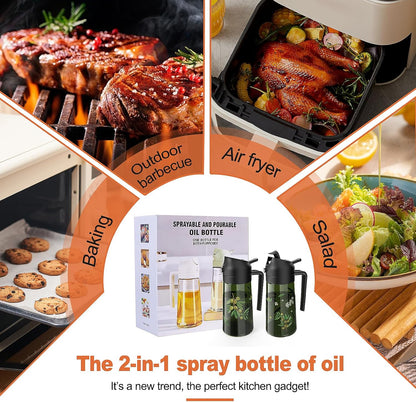 Oil Sprayer for Cooking, 2 in 1 Olive Oil Dispenser Bottle Set for Kitchen, Food-Grade Glass Green Oil Vinegar Bottle Container - 16OZ/470ML Set of 2 (Black)