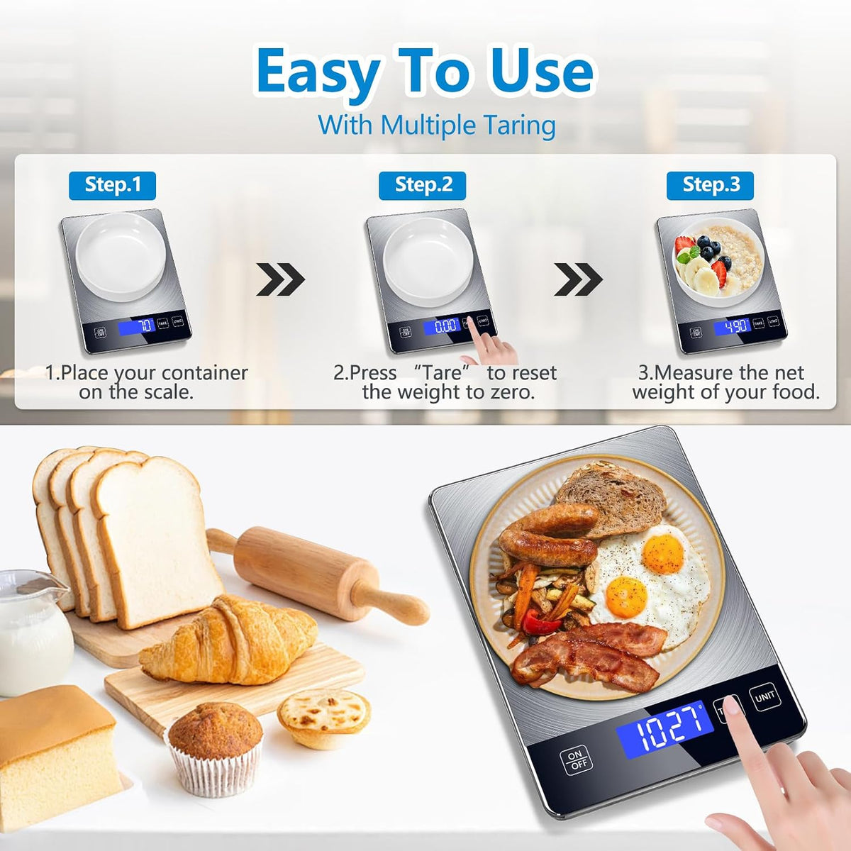 Food Kitchen Scale, Digital Food Scale 33lb Digital Kitchen Scale Precisely Measures Grams and Ounces for Meal Prep Baking and Cooking, Rechargeable 304 Stainless Steel Kitchen Scale LCD Display