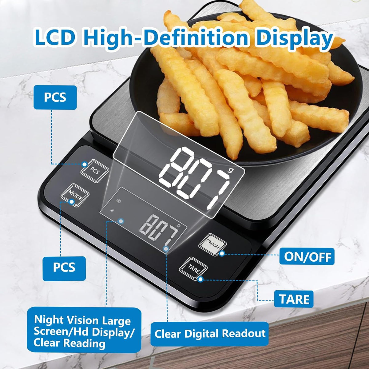 Food Kitchen Scale, Digital Food Scale 33lb Digital Kitchen Scale Precisely Measures Grams and Ounces for Meal Prep Baking and Cooking, Rechargeable 304 Stainless Steel Kitchen Scale LCD Display