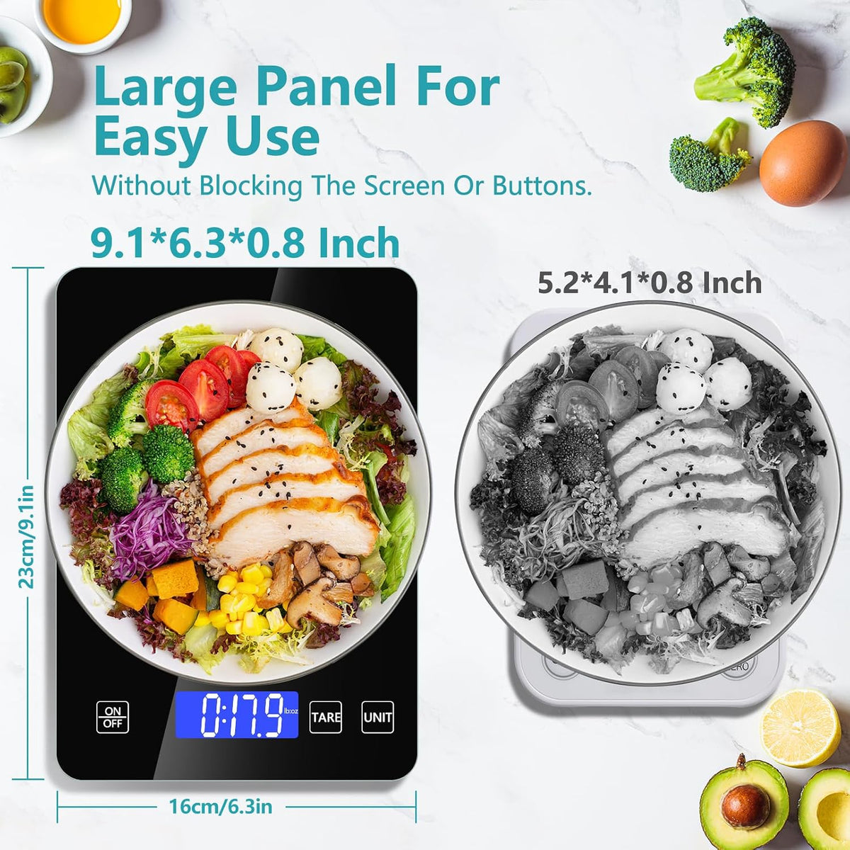 Food Kitchen Scale, Digital Food Scale 33lb Digital Kitchen Scale Precisely Measures Grams and Ounces for Meal Prep Baking and Cooking, Rechargeable 304 Stainless Steel Kitchen Scale LCD Display
