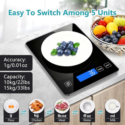 Food Kitchen Scale, Digital Food Scale 33lb Digital Kitchen Scale Precisely Measures Grams and Ounces for Meal Prep Baking and Cooking, Rechargeable 304 Stainless Steel Kitchen Scale LCD Display
